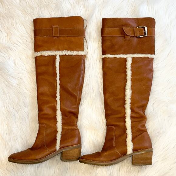 Michael Kors Casey Over The Knee Boots Leather Shearling Lined Buckle Heeled - Picture 6 of 14